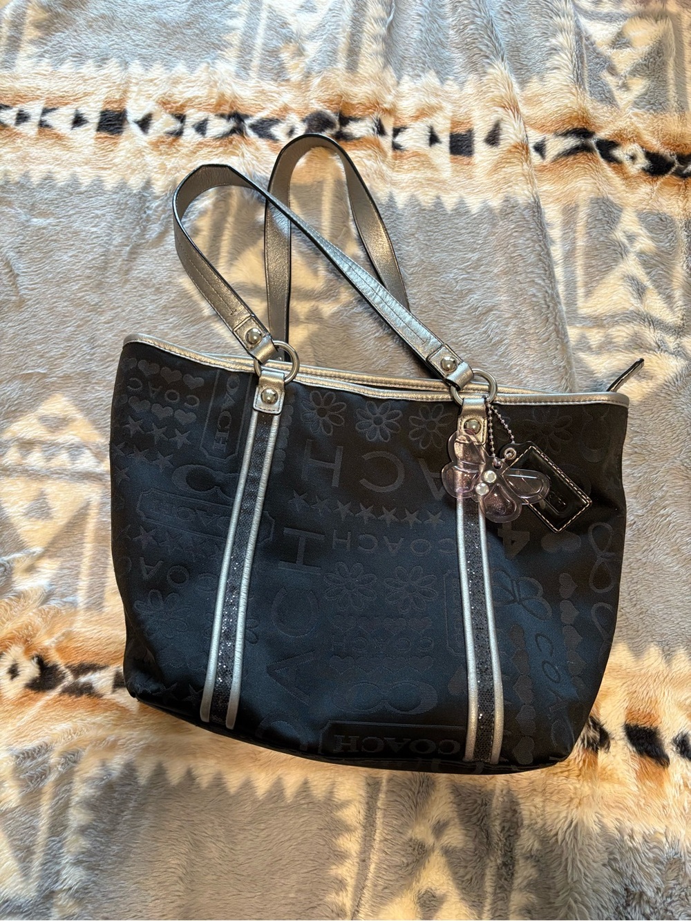 Coach Black Tote with Silver Accents and Charm